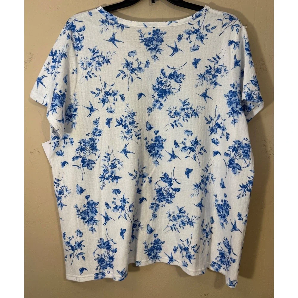 Croft & Barrow Pajama Set Women 2X White Blue Floral Birds Butterflies 2pc NEW